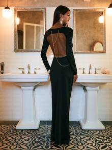 Opulessa Women's Elegant Backless Chain Decor Dress,Black,Autumn,Night Out,Summer Spring Break Outfits,Valentine's Day Beach,Wedding Guest Birthday Dress - Black - View 6