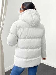 Women's Solid Color Long Sleeve Zipper Front Casual Drawstring Hooded Winter Jacket - Cream - View 2