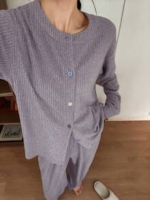 DAZY Ensemble de pyjama en tricot moelleux multicolore avec boutons décoratifs, automne/hiver pour femmes - Prune - Voir 8
