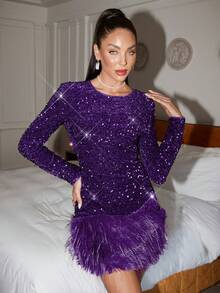 Lavishia Gaun Mini Wanita Warna Polos dengan Hiasan Payet dan Bulu Imitasi, Leher Bulat, dan Lengan Panjang - Purple - View 5