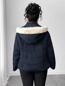 SHEIN PETITE CURVE Áo khoác trùm đầu thường ngày cỡ lớn có cổ lông, Thu/Đông - Màu xanh hải quân - Xem 2