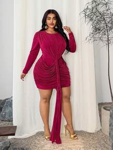 Maweii Valentine Plus Size Solid Color Draped Round Neck Fitted Sexy Long Sleeve Dress - Burgundy - View 3