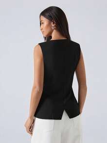 LYSMO 女士简约纯色无袖背心外套，黑色，秋冬季款 - 黑色 - 查看 2