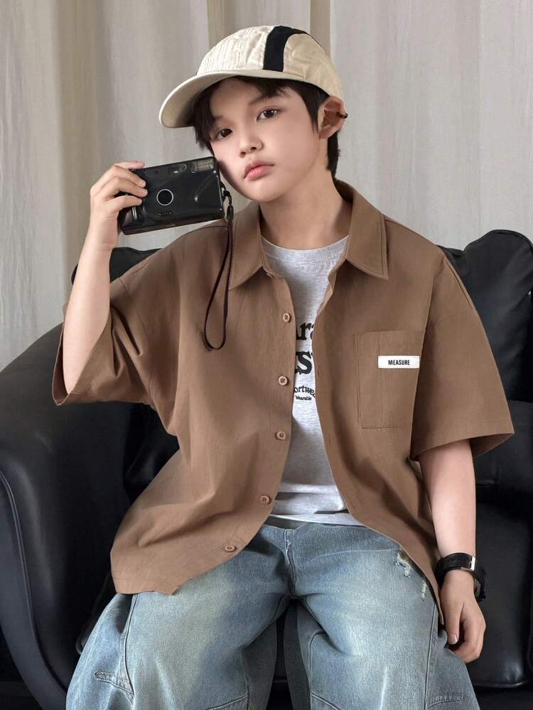 Tween Boy Drop Shoulder Short Sleeve Front Button Casual Loose Summer Shirt