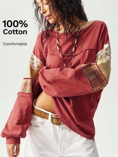 Bohemela Plus Size Crew Neck Drop Shoulder Long Sleeve Lantern Sleeve Patchwork Loose T-Shirt/Winter