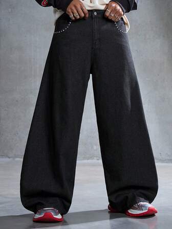 Street Life Jeans anchos y sueltos con bolsillos con ojetes metálicos y estilo casual para hombres
