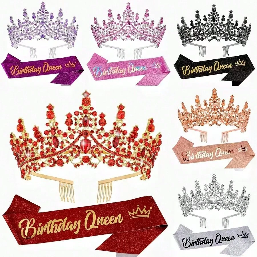 2pcs/Set Birthday Sash Birthday Crown Number Princess Crown Queen Tiara Rhinestone Birthday Headbands Birthday Sash With Pin Happy Birthday Crown And Sash Ribbon For Birthday Party Ball Decoration,Christmas - Multicolor - View 1