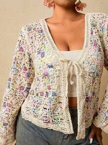 Travachic Áo len dài tay dệt kim khoét lỗ nhiều màu sắc dành cho nữ cỡ lớn, áo khoác dệt kim cổ chữ V dáng ngắn, áo khoác mùa xuân nhẹ. - Nhiều màu - Xem 1