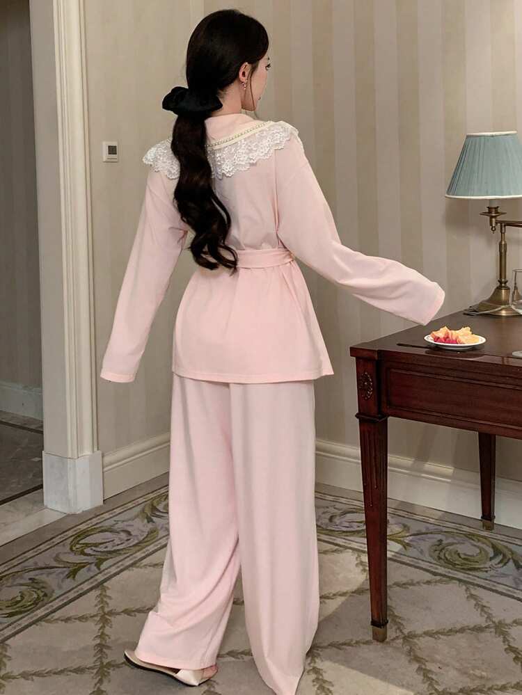 Charming Lace Ruffle Collar Women Pajama Set