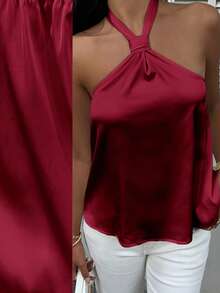 MainGRL Áo kiểu nữ bằng vải satin, cổ yếm, không tay, dáng rộng, thanh lịch. - Màu Hoa hồng đỏ - Xem 6