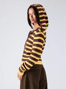 LYSMO 女士休闲日常通勤撞色条纹抽绳连帽拉链开衫，秋冬款 - 鵝黃色 - 查看 6