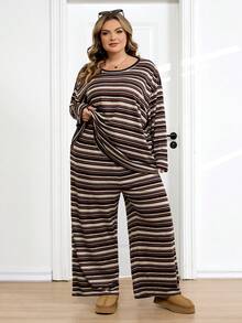 SHEIN CURVE+ 大码休闲条纹圆领长袖上衣和裤子两件套，秋季家居服套装，大码棕色套装，冬季女装，大码裤装套装/2026/新年 - 棕色 - 查看 7