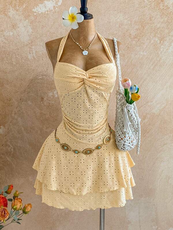 Soleia 女士夏季度假风格纯色网眼刺绣吊带系带扭纹双层紧身连衣裙