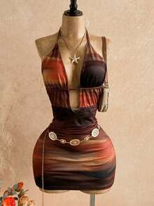 Soleia Women Mini Dress,All Shades Of Brown,Summer,Boho,Vacation,Holiday Halter Tie Bow Hollow Out Backless Tie Dye Elegant Party Wedding Dinner Sunset Dress - Multicolor - View 4