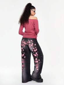 ROMWE Grunge Punk Quần jeans dáng rộng phong cách Y2K Streetwear với họa tiết hoa anh đào thêu. - màu đen - Xem 2