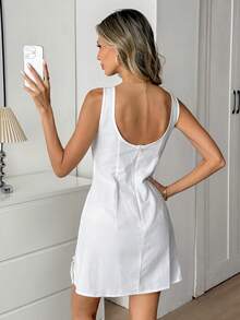 Easowa Đầm mini chữ A không tay hở lưng dành cho nữ, kiểu dáng giản dị và thanh lịch cho kỳ nghỉ, được làm từ vải cotton kẻ sọc, phong cách công sở thường ngày dành cho phụ nữ quý tộc. - trắng - Xem 7