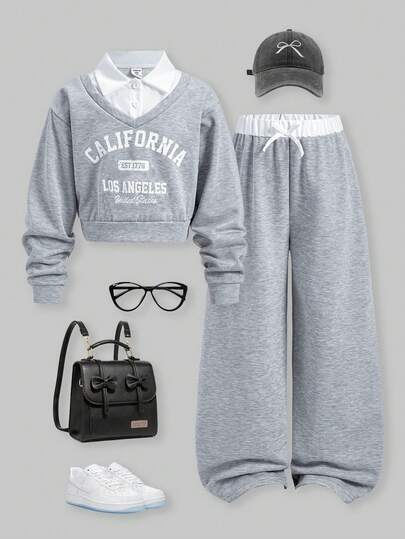 SHEIN ChillGRL 2件套少女Romweezy宽松休闲拼接撞色二合一卫衣套装，包含一件V领短款卫衣和一条宽松休闲阔腿撞色拼接裤，适合日常、通勤、休闲、度假、聚会、街拍、秋冬季穿着。