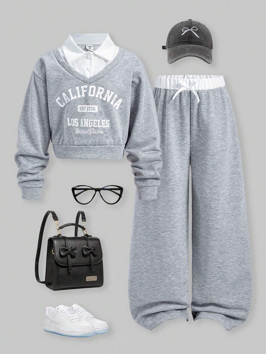 SHEIN ChillGRL 2pcs/Set Tween Girls Romweezy Grey Autumn Casual School Back-To-School Splice Contrast Color 2 In 1 Collared V-Neck Cropped Sweatshirt&Wide Leg Pants - Grey - View 1