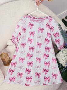 SHEIN Baby Girl's White And Pink Long-Sleeved Dress,Cute Bow Print V-Neck,Autumn Party Arabic Abaya,Elegant Loose-Fitting Prayer Dress For Spring - Pink - View 2