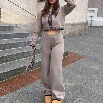 Set da casa in lana morbida e ampia, composto da due pezzi, set comodo e casual da donna, set da due pezzi, pantaloni, set da due pezzi marrone, set d