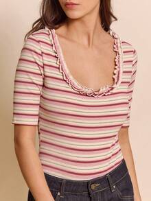 lacRébo Body a rayas rosa y blanco con cuello de volantes y mangas cortas, estilo lindo - Multicolor - Ver 4