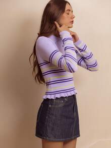 lacRébo Top polo tricotat cu dungi liliac, cu mâneci lungi și tiv cu volane, stil vintage drăguț - Multicolor - Vizualizare 7