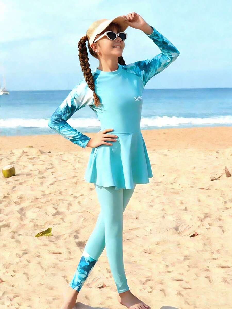SHEIN 青少年女孩扎染印花分体泳衣套装，插肩袖，休闲假日风格 - 青碧色 - 查看 1