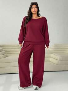 SHEIN EZwear 大尺碼女款純色落肩長袖上衣與寬腿褲休閒兩件套 - 酒紅色 - 查看 5