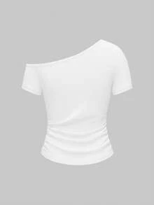 ROMWE Grunge Punk Y2K Punk Kpop Cross Rivet Oblique Shoulder Fitted Solid Color Versatile T-Shirt - White - View 3