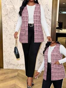 SHEIN Lady معطف سترة مربعات وردية بحجم كبير، مناسب للارتداء اليومي في فصول الخريف/الشتاء والربيع للنساء - وردي مغبر - مشاهدة 3