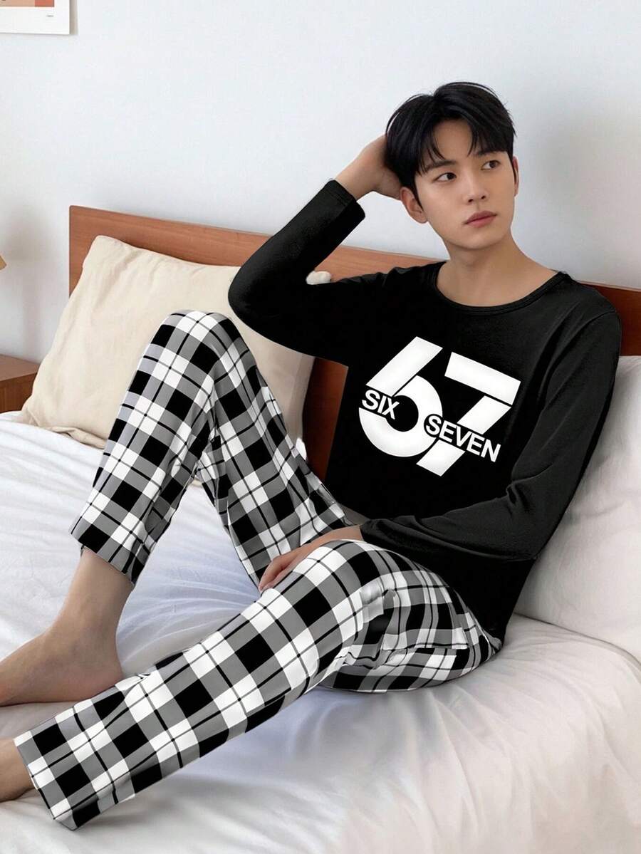 Tween Boys 2pcs Pajama Set, Black Numeric 67 Print Long Sleeve Top And Black & White Plaid Pants, Spring/Autumn - Black - View 1