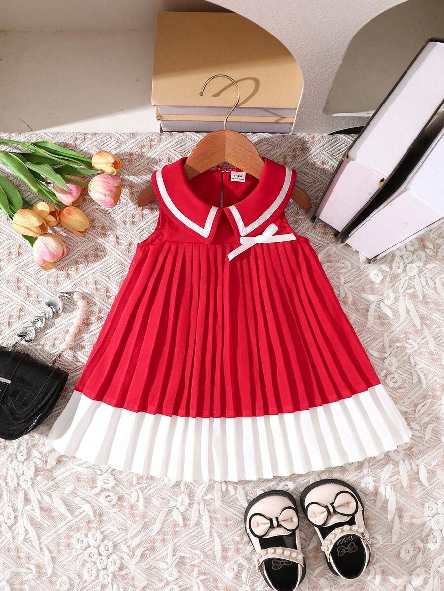 Baby Girls Casual Cute Colorblock Pleated Dress - Red - View 1