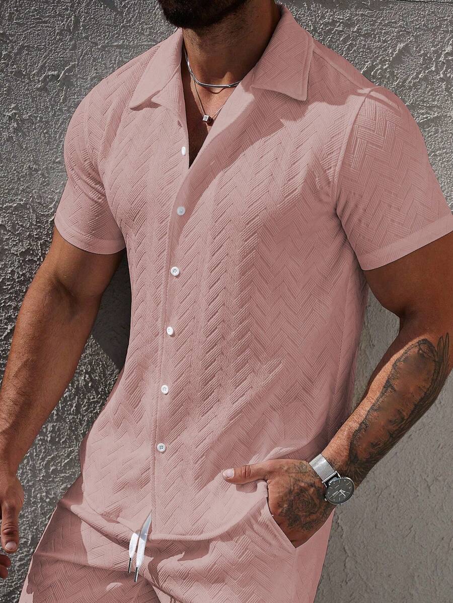 Manfinity Homme Men's Solid Color Minimalist Casual Short Sleeve Shirt - Pink - View 1