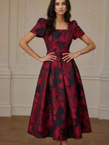 Revavyn Robe à manches courtes jacquard à taille cintrée, design mode et décontracté pour le travail et les déplacements - Multicolore - Voir 3