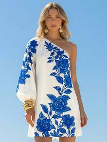 CAJUNI Đầm ngắn tay phồng dáng rộng in hoa dành cho nữ, thích hợp cho kỳ nghỉ. - Xanh và trắng - Xem 1