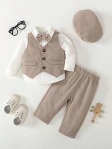 SHEIN 4pcs Baby Boy Gentleman Outfit Set, Includes Bow Tie Vest, Pants And Hat, Suitable For Formal Parties, Halloween, Birthday, Thanksgiving, Weddings And Christmas Occasions. Spring And Autumn Children Clothing Set, Back To School Season Fall Winter - Grey - View 1