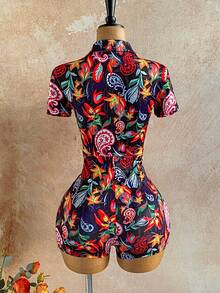 Soleia Women's Paisley Floral Multicolor Print Romper,Summer Boho Holiday Vacation Outfit,Open Front Button Lapel Collar Short Sleeve Jumpsuit,Black And Pink - Multicolor - View 2