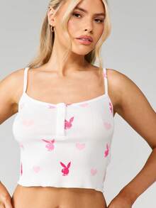 Missguided x Playboy 印花兔子爱心镂空吊带背心和短裤睡衣套装家居服 - 彩色 - 查看 5