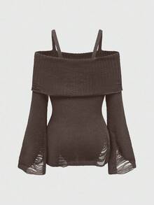 ROMWE Goth SpringPunk Distressed Design Cinched Waist Solid Color Knit Flare Sleeve Camisole Sweater - Brown - View 2