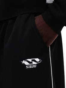 SUMWON 抽绳运动裤，撞色滚边侧条纹，弹性腰带，常规版型，休闲居家服，抓绒内衬，冬季舒适宽松长裤，纯色 - 黑與白 - 查看 6