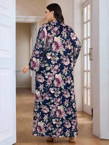Al Najma Vestido casual de vacaciones holgado con cuello en V, estampado floral y manga con abertura para mujer de talla grande - Azul - View 2