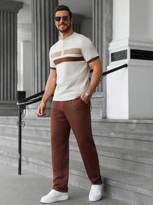 Manfinity CasualCool Ensemble casual homme composé d'un t-shirt à manches courtes imprimé de rayures et d'un pantalon de couleur unie - Multicolore - Voir 4