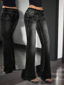 SHEIN Unity 女士复古刺绣超低腰喇叭牛仔裤 - 黑色 - 查看 6