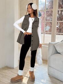 SHEIN EZwear 1 pièce Manteau sans manches décontracté à boutons et poches pour femmes, de couleur unie. Idéal pour le port quotidien en automne/hiver, l'automne, pour les femmes qui travaillent de chez elles en hiver. Manteau sans manches confortable pour les femmes au petit-déjeuner. - Gris foncé - Voir 4