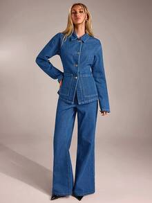 SHEIN Forever 21 秋冬季万圣节圣诞节新年单排扣牛仔上衣/外套/牛仔裤/蓝色水洗低腰宽松阔腿牛仔牛仔裤/牛仔两件套 - 中等水洗藍 - 查看 5