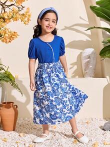 SHEIN Girls Middle Eastern Style Beaded Blue Top + Colorful Paisley Print Skirt Spring/Summer Set - Multicolor - View 3