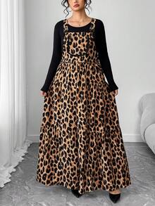 Elenzga Women's Multicolor Woven Fabric Leopard Pattern Unitard With Straps Pockets And Wide Legs - Multicolor - View 3