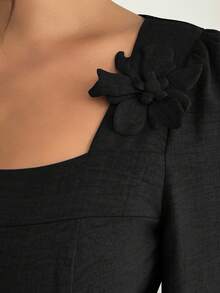 Elenzga Plus Size Elegant 3D Floral Decor Square Neck Long Sleeve Dress, Autumn