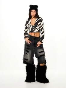 SUMWON WOMEN Zebra Printed Long Sleeve Corset Style Lace Up Front Crop Top With Eyelet Details - Black and White - View 5