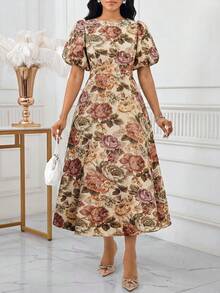 SHEIN Lady Đầm nữ dáng dài ngang gối, cổ tròn, tay phồng, in họa tiết hoa, thích hợp cho kỳ nghỉ. - Nhiều màu - Xem 4